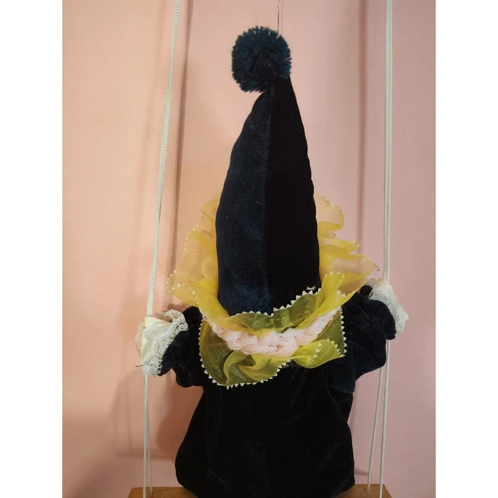 Vintage Clown Doll Sits On Wooden Swing Ceramic Head